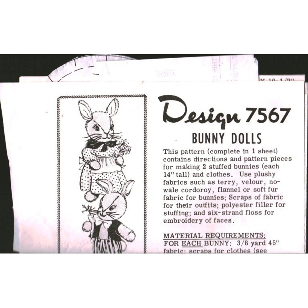 Vintage Design 7567 Bunny Dolls Stuffed Animal Sewing Pattern 14 Inch Plush Toy